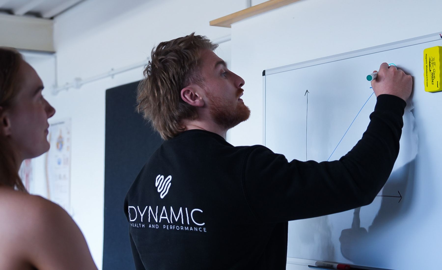 A man is drawing a diagram on a whiteboard while a woman watches attentively.