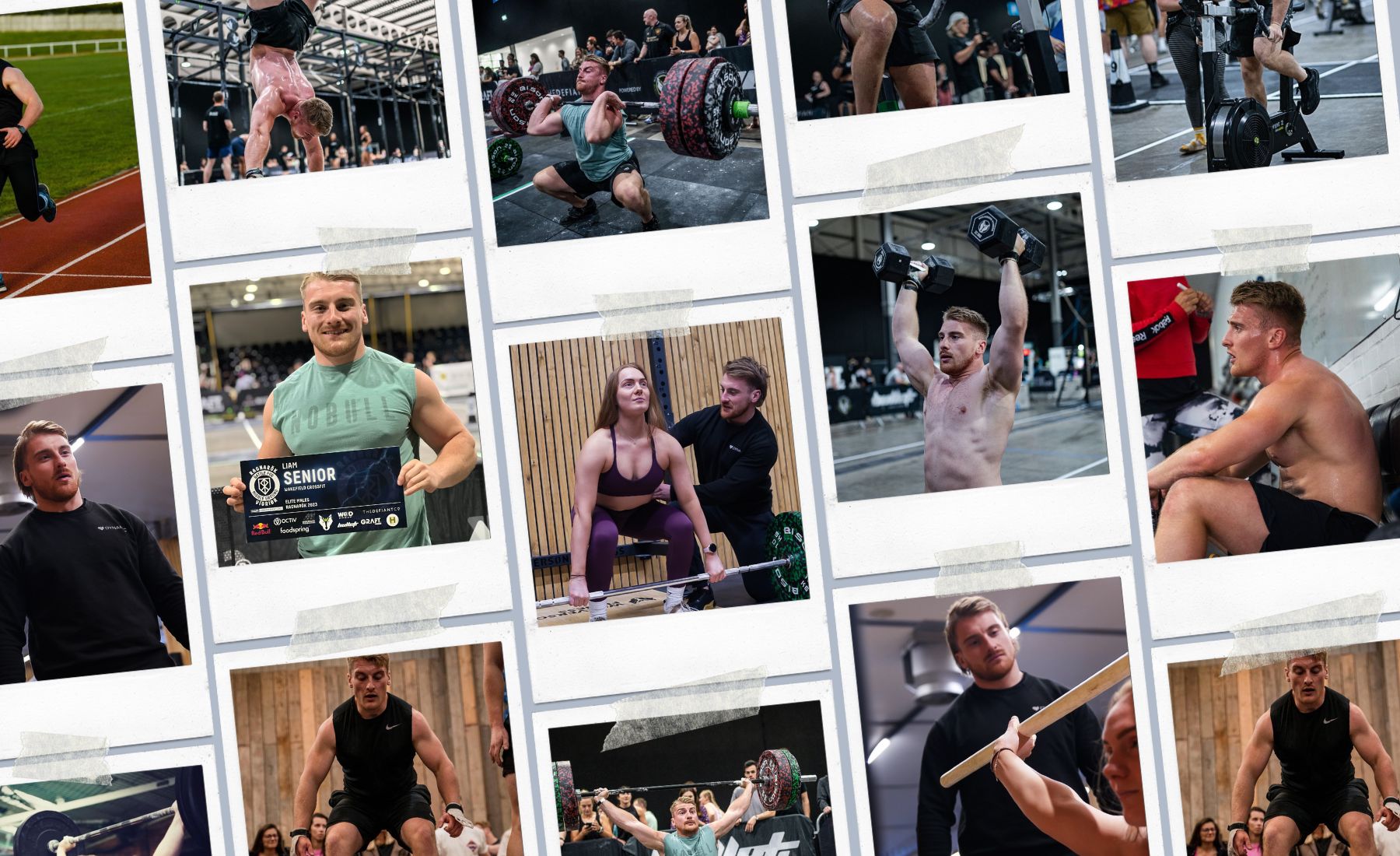 Collage of athletes lifting weights and participating in fitness competitions at an indoor event.